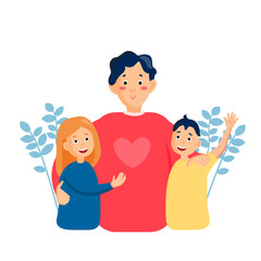 A happy father embraces his children. Father son and daughter. A happy family. Brother and sister. Vector illustration in cartoon style