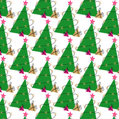 pattern of a green Christmas tree with lights and gifts