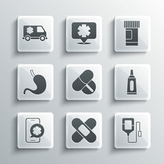 Set Crossed bandage plaster, IV bag, Ointment cream tube medicine, Medicine pill or tablet, Emergency phone call, Human stomach, car and bottle pills icon. Vector