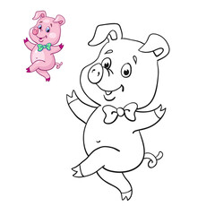 Naklejka na ściany i meble Funny piglet is dancing. Black and white picture for coloring book with a colorful example. In cartoon style. Isolated on white background. Vector illustration.