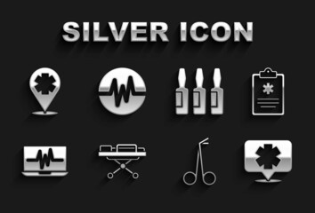 Set Stretcher, Clinical record, Medical symbol of the Emergency, scissors, Laptop with cardiogram, vial, ampoule, Location cross hospital and Heart rate icon. Vector