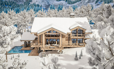 3d rendering of modern cozy chalet with pool and parking for sale or rent. Beautiful forest mountains on background. Massive timber beams columns. Cool winter day with shiny white snow.