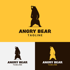 angry bear standing logo design isolated on yellow background. Suitable for adventure hunting outdoor camping sport zoo brand company community business in retro vintage hipster style logo design.