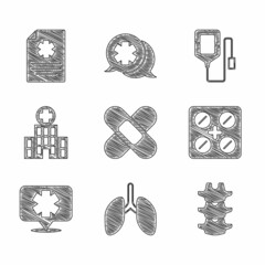 Set Crossed bandage plaster, Lungs, Human spine, Pills blister pack, Medical symbol of the Emergency, hospital building, IV bag and Clinical record icon. Vector