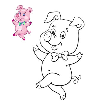 Funny piglet is dancing. Black and white picture for coloring book with a colorful example. In cartoon style. Isolated on white background. Vector illustration.