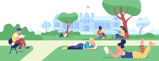 Obraz na płótnie Canvas Campus reading books. College students preparing for classes in park. Boys and girls studying outdoor. People learning in university courtyard. Teenagers resting on lawn. Vector concept
