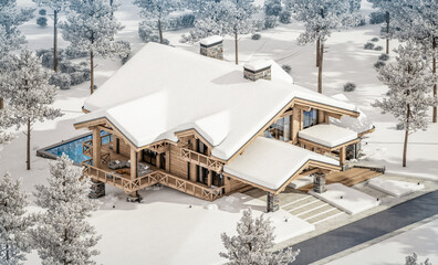 Fototapeta na wymiar 3d rendering of modern cozy chalet with pool and parking for sale or rent. Beautiful forest mountains on background. Massive timber beams columns. Cool winter day with shiny white snow.