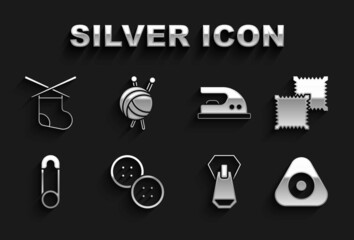 Set Sewing button, Textile fabric roll, chalk, Zipper, Safety pin, Electric iron, Knitting needles and Yarn ball with knitting icon. Vector