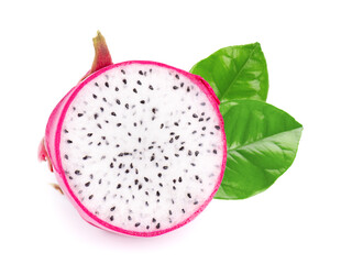 Dragon fruit with green leaves, isolated on white background. Slice of fresh Pitaya or Pitahaya fruit with clipping path.