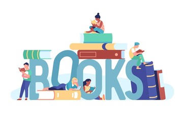 Books word people. Readers characters around big letters, stack of textbooks, literature lovers reading, culture and education, students learning in library, vector isolated concept