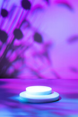 Abstract surreal scene - empty stage with circle white podium lying on pastel neon holographic colored background. Pedestal for cosmetic product packaging mockups display presentation