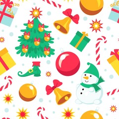 Seamless pattern christmas gifts. Winter holiday kids background, funny characters, snowman, new year tree, toys and caramel canes isolated on white, vector wrapping paper, print or fabric