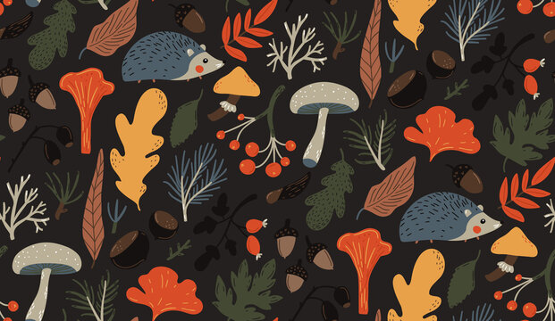 Autumn pattern, seamless fall background. Orange, brown and yellow leaves, mushrooms, berries and hedgehog. Forest nature illustrations.