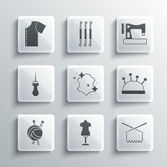 Set Mannequin, Knitting needles, Needle bed and, Leather, Yarn ball with knitting, Awl tool, Sewing pattern and machine icon. Vector