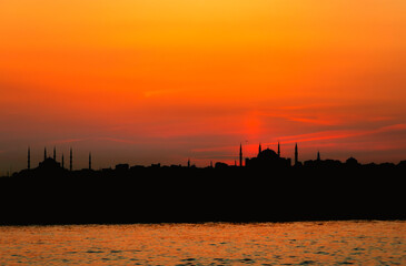 Sunset over Istanbul silhouette with Blue Mosque and The Hagia Sophia