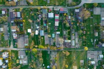 Gardening allotment aerial landscape view in Poland. Spring time