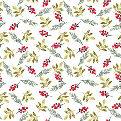 Golden branch and branch with red berries holiday vector seamless pattern