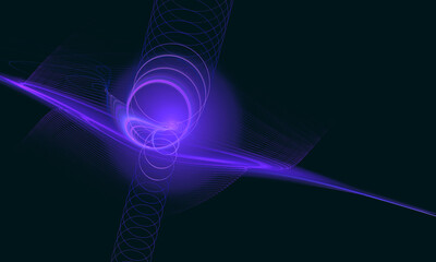Blue violet 3d light spring glowing in deep dark space. Laser light, radiance waves or galactic processes in abstract digital artistic illustration. Concept of technology innovation, science research.