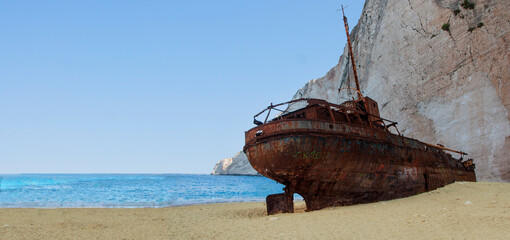 Zakynthos  island Navagio beach and rusty ship wrack