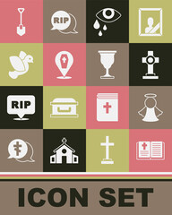 Set Holy bible book, Angel, Grave with cross, Tear cry eye, Coffin, Dove, Shovel and Christian chalice icon. Vector