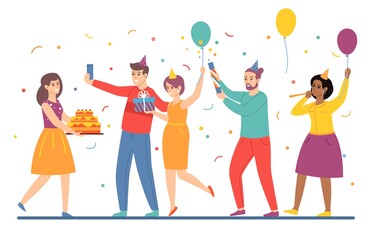 People give gifts for birthday. Cartoon men and women celebrate holiday together. Girl with festive cake accepts congratulations from friends. Cheerful company. Vector fun party concept