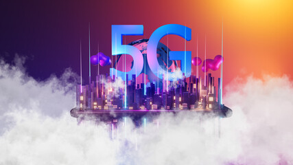 5G high-speed Internet concept, 5G network wireless technology on city background, 3d rendering