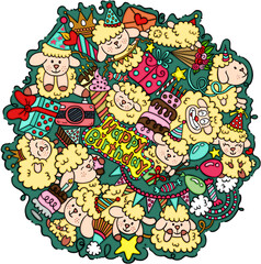 Colourful Round Doodle of Sheep Happy Birthday
