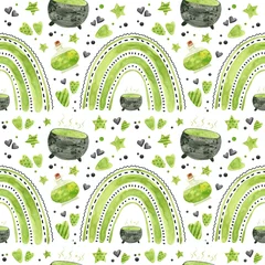 Gardinen Nahtloses Muster Halloweens mit grünen Regenbögen, Trank und Hexenkessel. Gespenstisches digitales Scrapbooking-Papier auf weißem Hintergrund. © Nizova Tina
