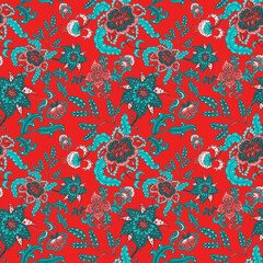 Watercolor seamless pattern with folky flowers and leaves in ethnic style. Floral decoration. Traditional paisley pattern. Textile design texture.Tribal ethnic vintage seamless pattern.	