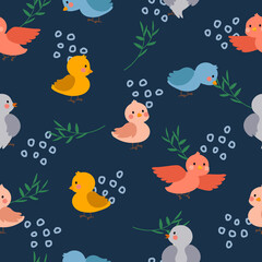 Fototapeta na wymiar Cute colorful birds seamless pattern background. Flat vector cartoon design