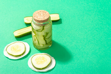 Homemade cucumber cosmetics. Detoxification skin vegetable masks. Natural face lotion or tonic water