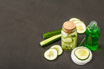 Homemade cucumber cosmetics. Detoxification skin vegetable masks. Natural face lotion or tonic water
