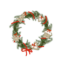 Fototapeta na wymiar Christmas wreath of fir branches with gingerbread in the form of heart, house, snowflake. Festive decoration for New year and winter holidays