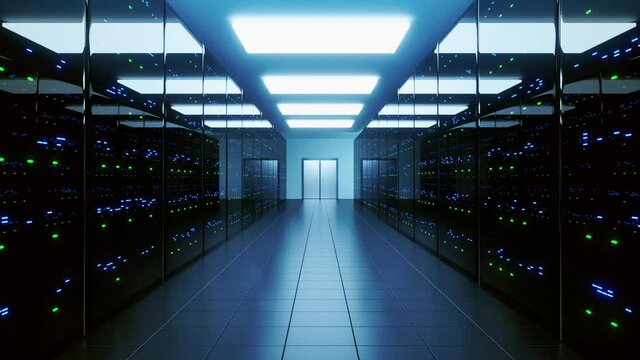 Server Room of a Data Center or ISP. IT Footage with Network and data servers behind glass panels - Beautiful forward Dolly Shot, Full HD High Quality Animation.
