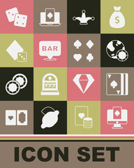 Set Online poker table game, Deck of playing cards, Casino chips, Joker, Alcohol bar location, Game dice, and icon. Vector