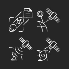 Climate monitoring satellites chalk white icons set on dark background. Remote sensing satellite. Meteorological Earth observation system. Isolated vector chalkboard illustrations on black