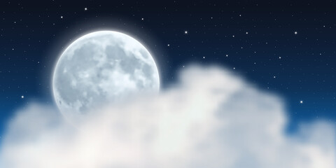 Naklejka na ściany i meble Night Sky with Full Moon and Clouds. Realistic Vector Illustration