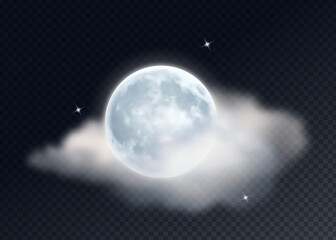 Bright Moon with Clouds on Transparent Background. Realistic Vector Illustration