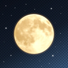 Full Moon with Stars on Transparent Background. Realistic Vector Illustration