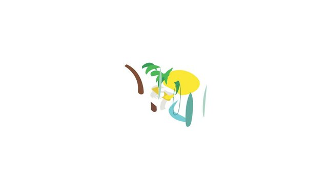 Seascape with palm trees and surfboard icon animation isometric best object on white backgound