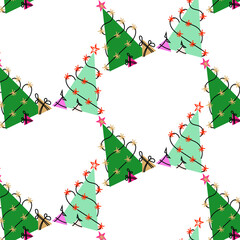 pattern of Christmas trees with lights and gifts