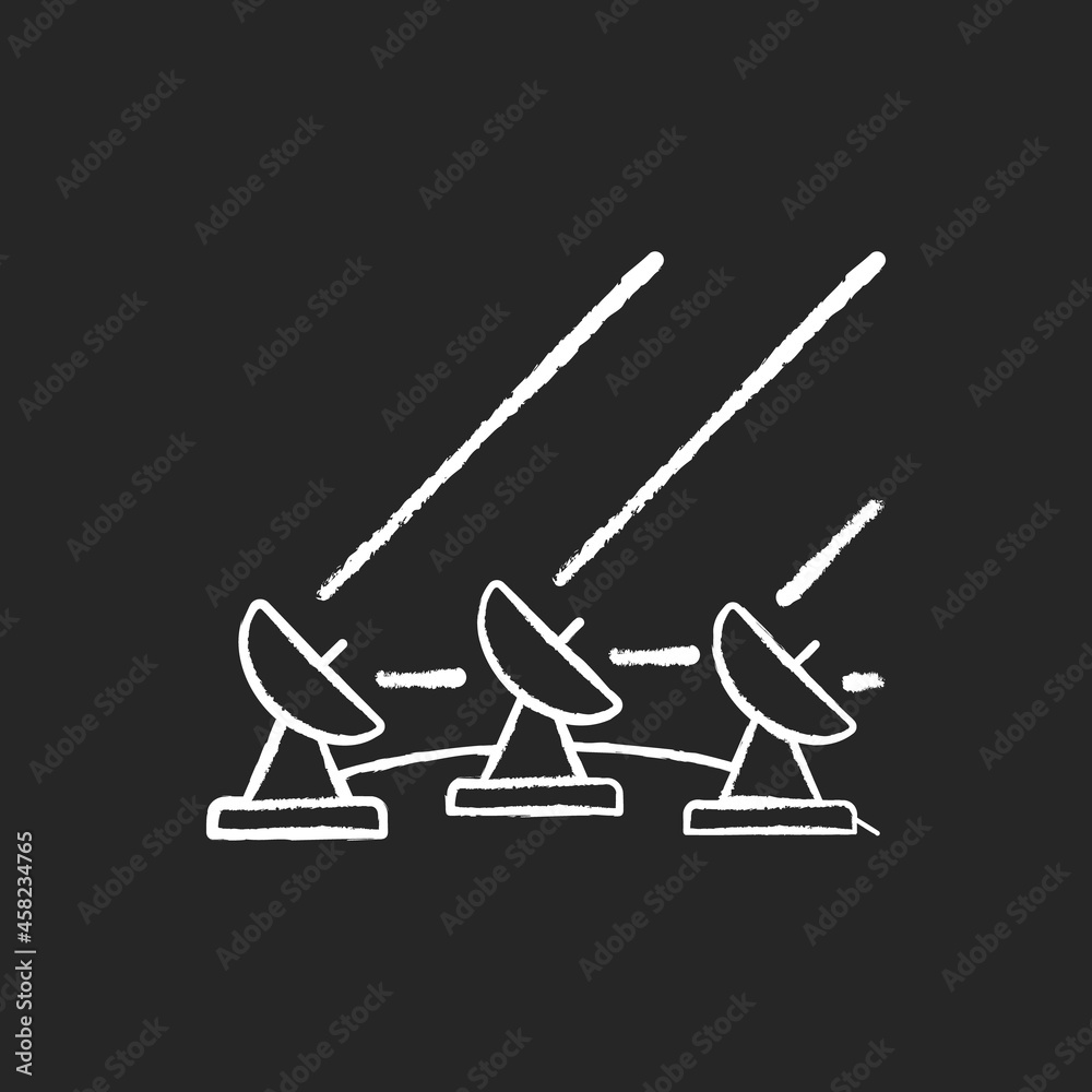 Sticker Ground Satellite system chalk white icon on dark background. Signal receiving dish satelite. Global telecommunications network connection. Isolated vector chalkboard illustration on black