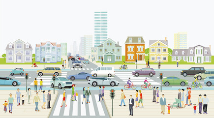 Stadtsilhouette mit Strassenkreuzung in einer Stadt
und Menschen auf dem Bürgersteig, Illustration
