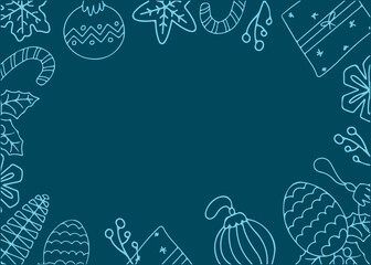 Christmas background with doodle design elements. Vector illustration with hand-drawn new year toys and gifts. Banner template