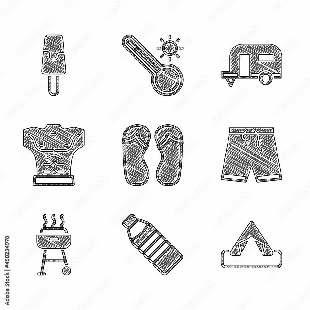 Wall mural Set Flip flops, Bottle of water, Tourist tent, Swimming trunks, Barbecue grill, Bodybuilder muscle, Rv Camping trailer and Ice cream icon. Vector