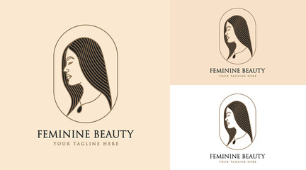 Hand drawn feminine woman beauty minimal face and floral botanical logo template for makeup spa salon skin & hair care line art portrait vector printable