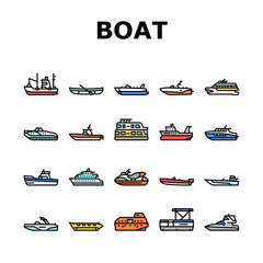 Boat Water Transportation Types Icons Set Vector. Runabout And Catamaran, Fishing And Bowrider, Motor Yacht And Cabin Cruiser Boat Line. Ship And Motorboat Transport Color Illustrations
