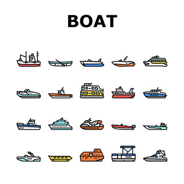 Boat Water Transportation Types Icons Set Vector. Runabout And Catamaran, Fishing And Bowrider, Motor Yacht And Cabin Cruiser Boat Line. Ship And Motorboat Transport Color Illustrations