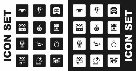 Set Circus ticket, Unicycle or one wheel bicycle, Ticket box office, Jester hat with bells, Hot air balloon, fire hoop and Attraction carousel icon. Vector © Kostiantyn