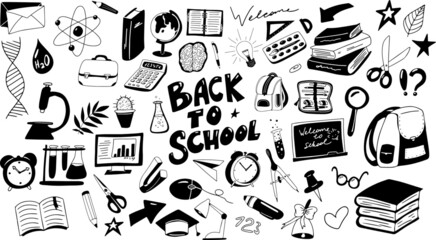 Back to school doodle set. Book, pen, notebook study element. Vector draw